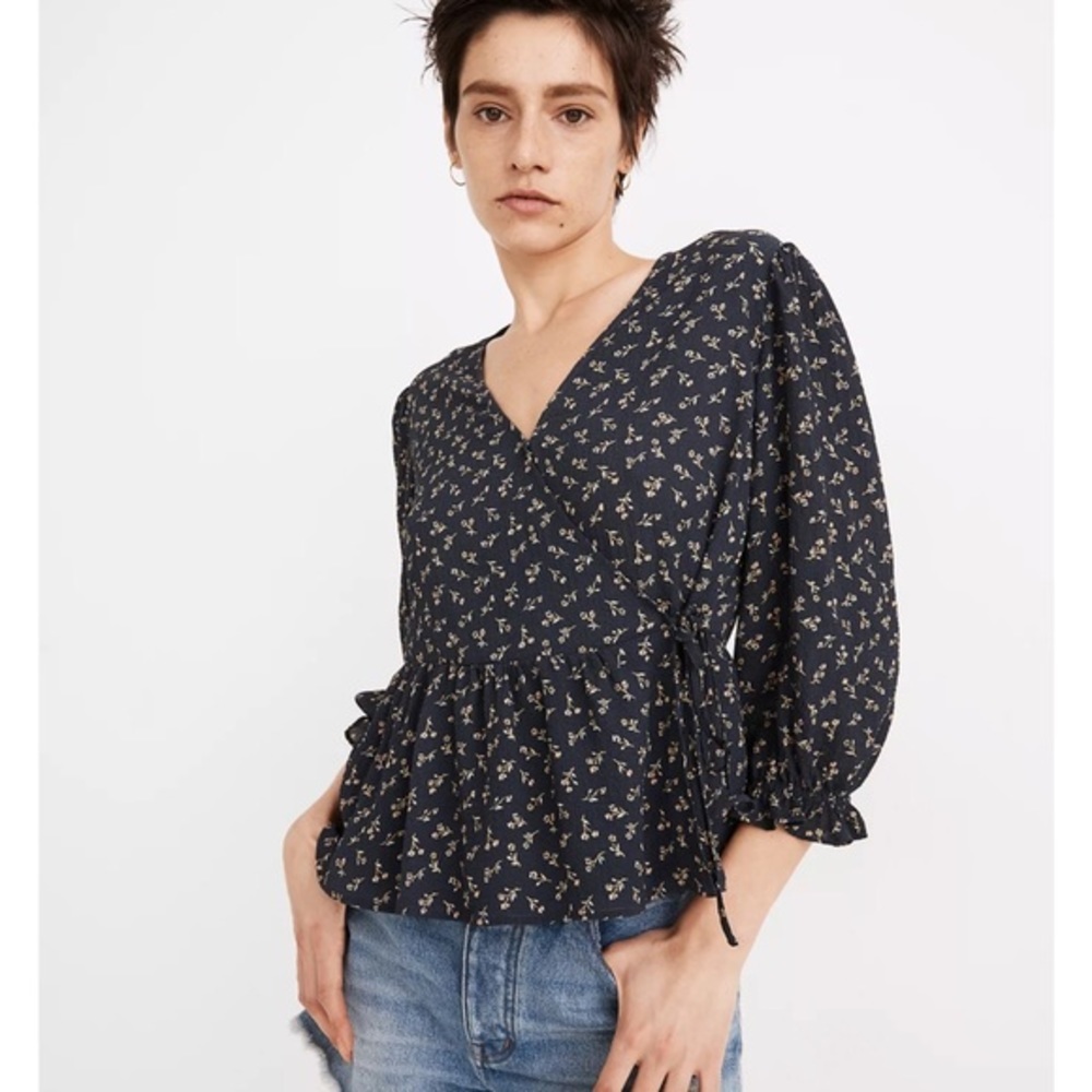 Puff-Sleeve Peplum Wrap Top in Spring Fling XS